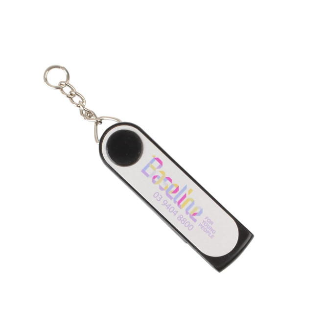 A black and white flash drive with a keychain attachment and a logo. It features a shiny, iridescent surface.