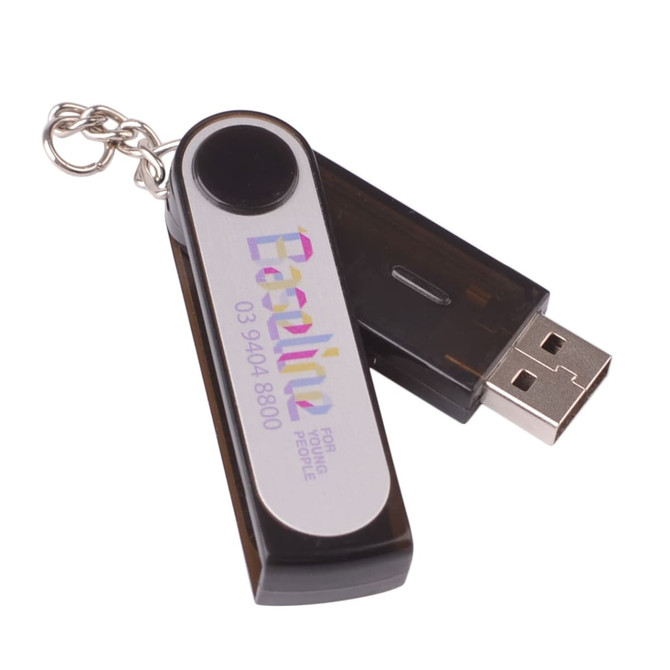 A black and silver flash drive with a keychain attachment, featuring a logo and an opening mechanism.