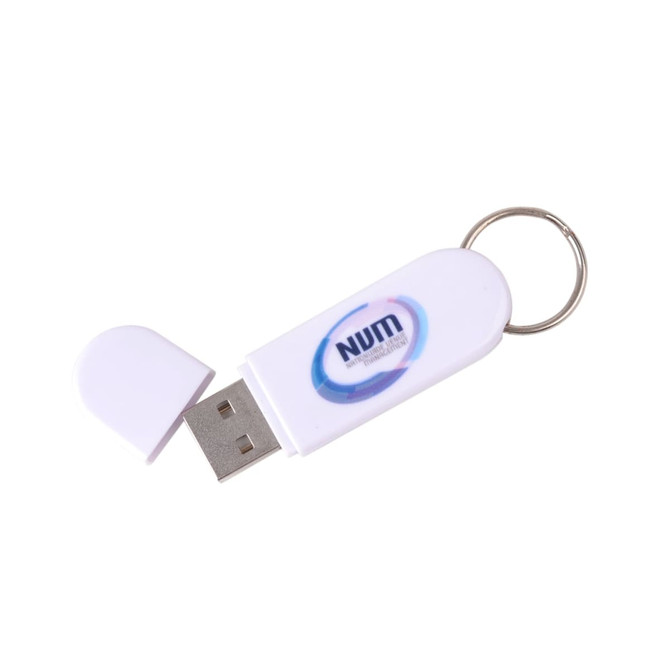 A white Erato Flash Drive with a keyring attachment and a logo on the side.