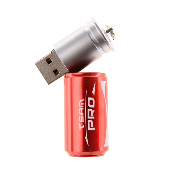 A red can-shaped flash drive with a silver USB connector on top. It features a logo on the can.