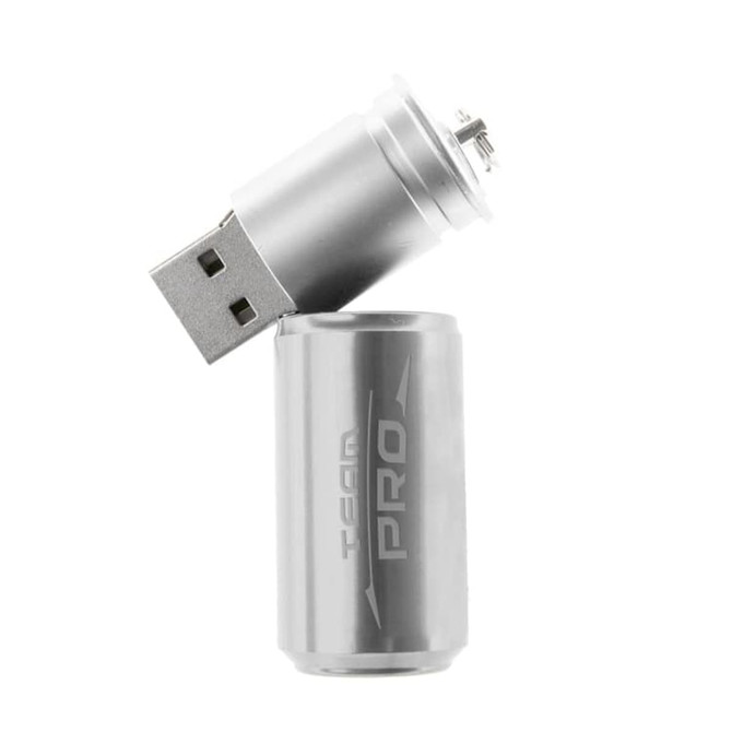 A silver can-shaped flash drive with a USB connector partially extended. It features a logo on the surface.