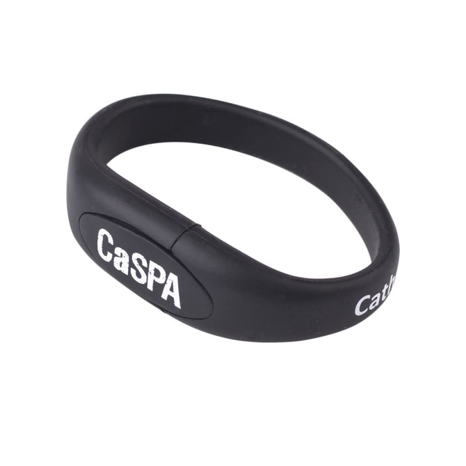 Oval black silicone wristband flash drive with a logo and smooth finish.