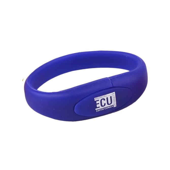 A blue oval silicone wristband with a flash drive and a logo.
