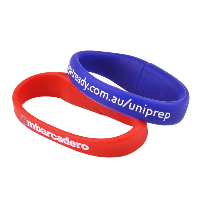A red and blue oval silicone wristband flash drive, each featuring a logo and text.