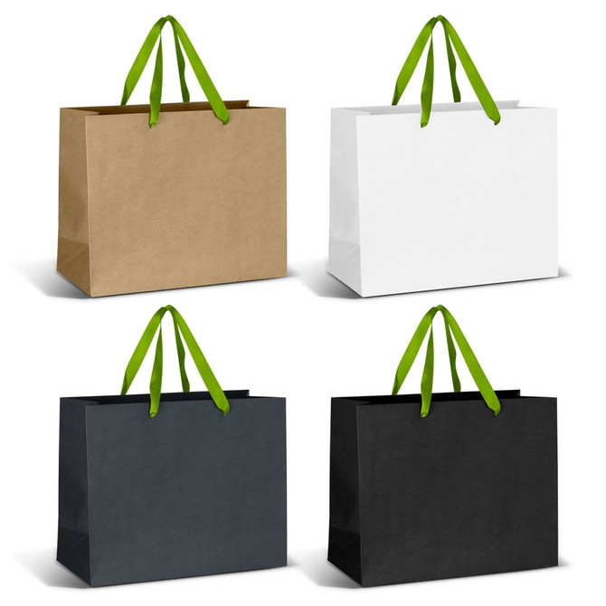 Large ribbon handle paper bags in brown, white, dark grey, and black, featuring green handles and a logo.