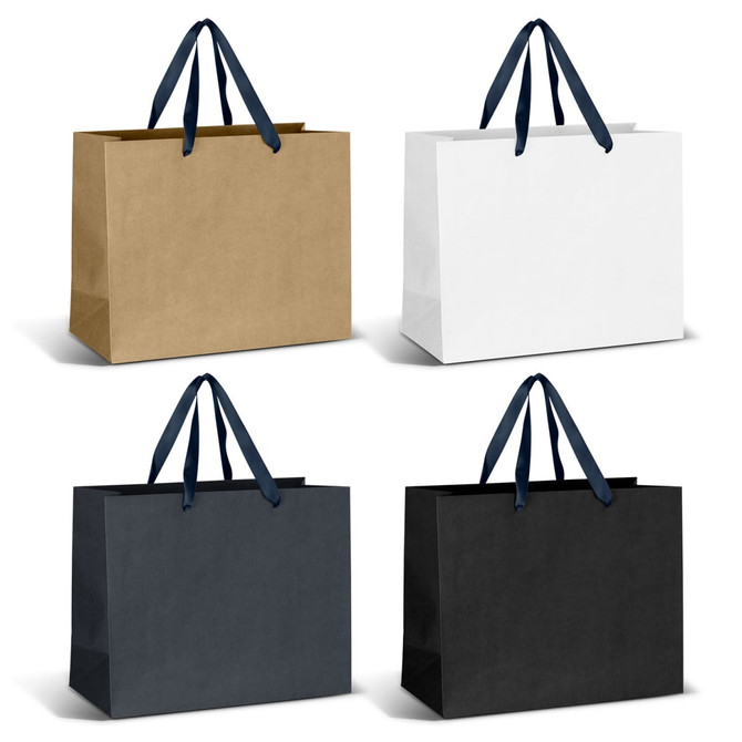 Large ribbon handle paper bags in kraft, white, and black, featuring navy blue handles. Each bag has a plain design.