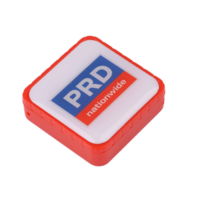 A square flash drive in red and white, featuring a logo on its front.