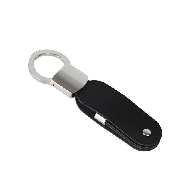 A black leather swivel flash drive with a silver metal connector and keyring attachment.