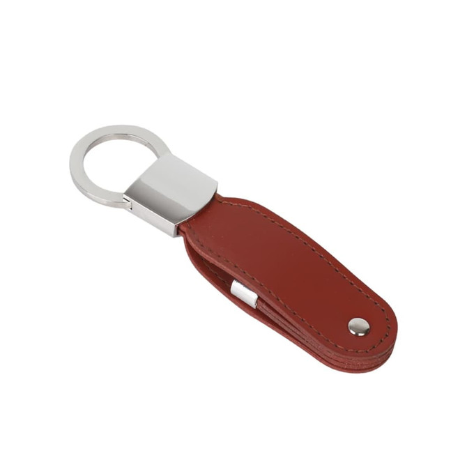 A leather swivel flash drive in a rich red colour with a silver keyring attachment. It features a sleek design.