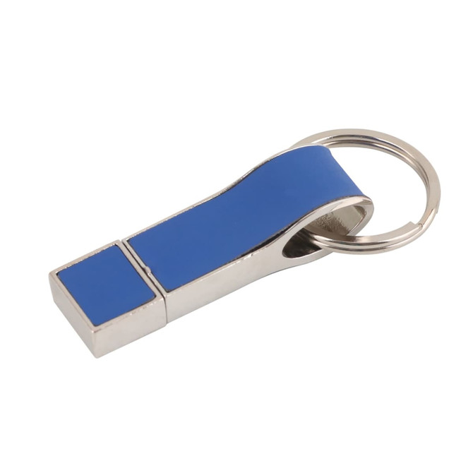 A blue flash drive with a metallic finish and keyring attachment.