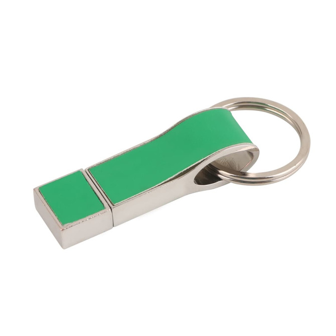 A green flash drive with a keyring attachment, featuring a sleek metallic design.