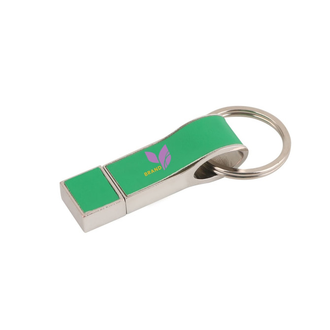 A green flash drive with a metallic finish and a keyring attachment. It features a logo on the surface.