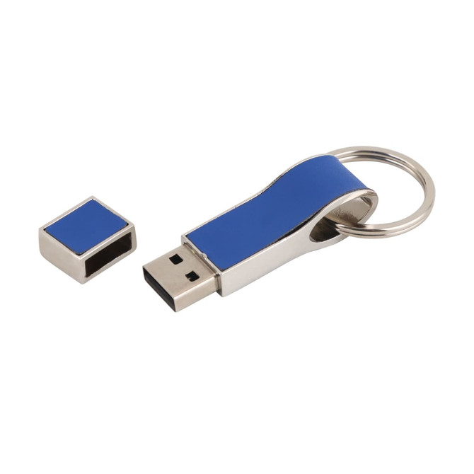A blue metal flash drive with a keyring attachment, accompanied by a small protective cap.