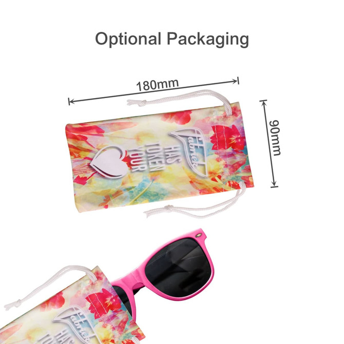 A pink pair of sunglasses in a colourful drawstring pouch, featuring a logo. The pouch has a floral design.