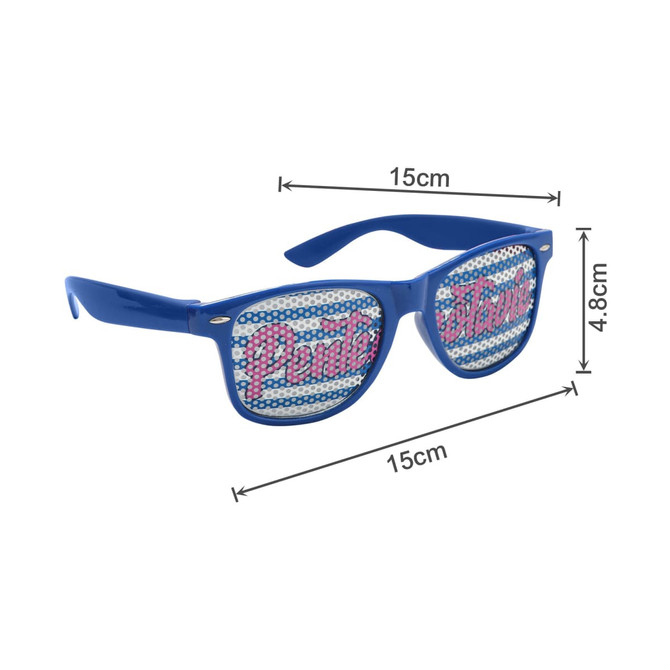 Blue sunglasses featuring a pinhole design with a pattern on the lenses. Measurements are 15cm wide and 4.8cm tall.