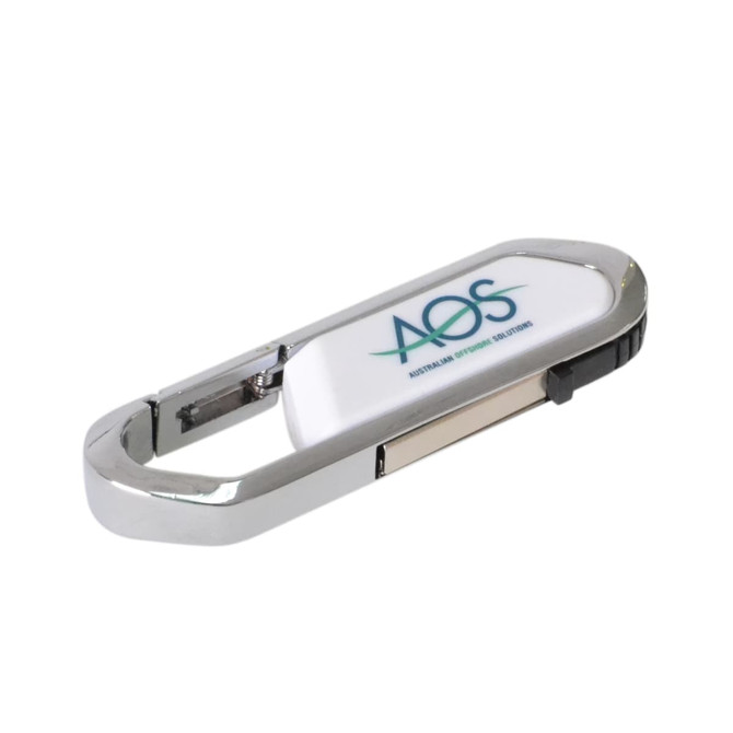 A shiny silver mini carabiner flash drive with a logo on a white surface.