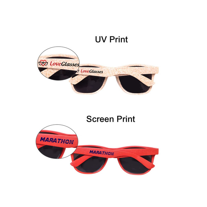 Wheat straw sunglasses in light beige and red, featuring dark lenses and branding on the frames.