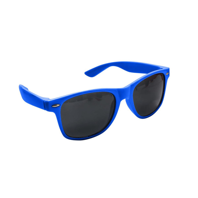 Classic sunglasses in vibrant blue with dark lenses and a logo on the side.