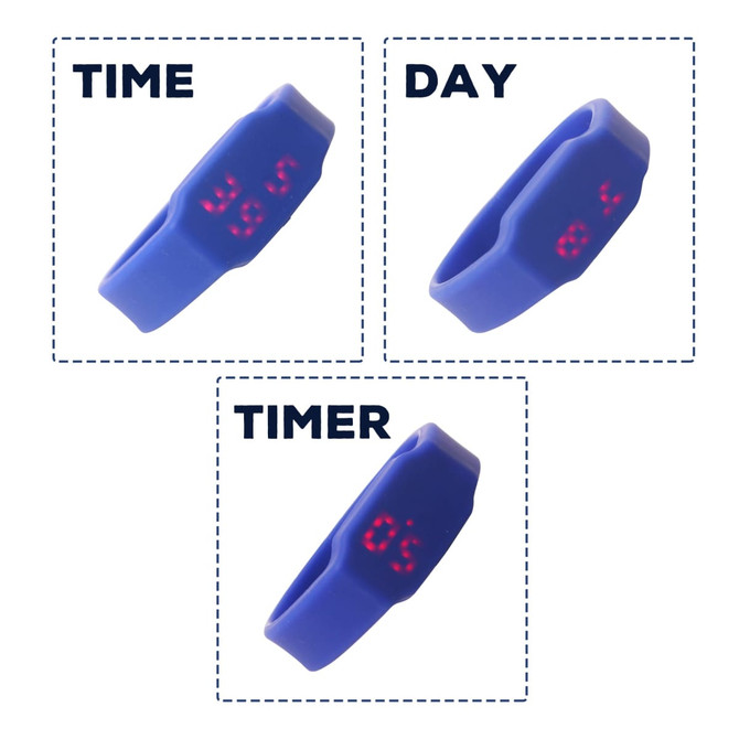 A silicone blue watch flash drive featuring three display modes: time, day, and timer. It has a digital interface.