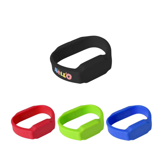 A set of silicone watch flash drives in black, red, green, and blue, featuring a logo on the black drive.