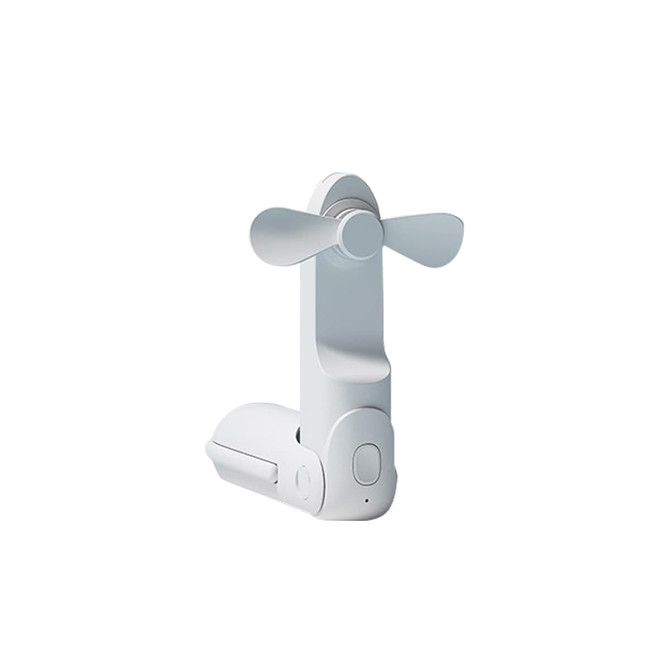 A USB handheld mini fan in white, featuring a compact design and a built-in flashlight. It has a logo on the base.