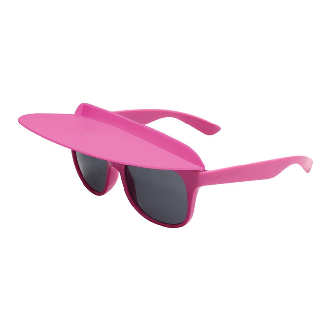 A pair of pink flip-up visor sunglasses with dark lenses and a sleek design.