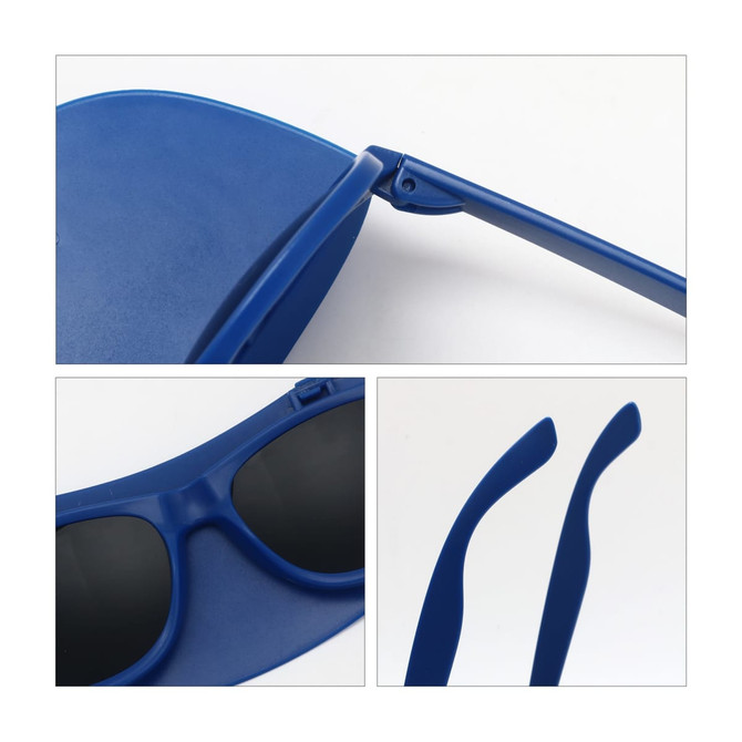 A pair of blue flip-up visor sunglasses featuring sleek frames and dark lenses, with a logo on the side.