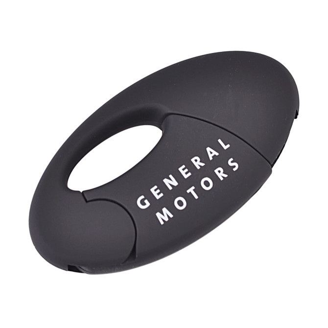 An oval black flash drive with an integrated clip and a logo on the surface.