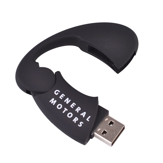 An oval-shaped black flash drive with a USB connector and a logo.