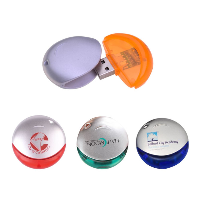 A collection of round flash drives in silver, orange, red, green, and blue, featuring branding on their surfaces.