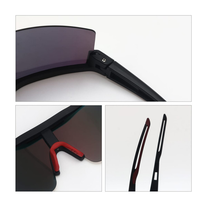 Frameless sports sunglasses with a black frame and gradient lenses, featuring a sleek design and vibrant red accents.