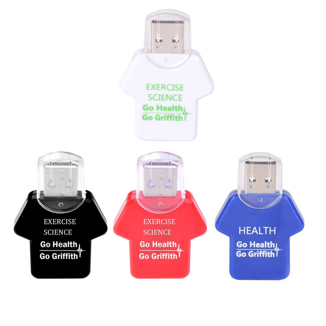 Four flash drives shaped like T-shirts in white, black, red, and blue, each featuring a logo and branding.