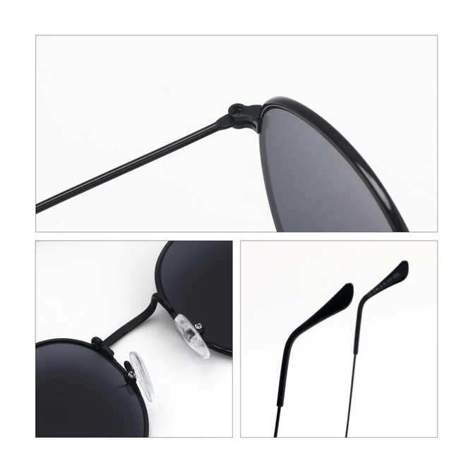 Classic metal sunglasses featuring a black frame and dark lenses, with detailed hinge and arm design.