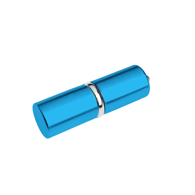 A blue lip balm-shaped flash drive with a silver band. The design is sleek and modern.
