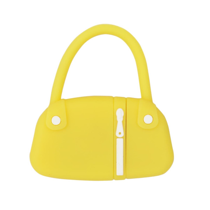 A yellow handbag-shaped flash drive with a white zipper detail and a solid handle. It has a logo on the front.