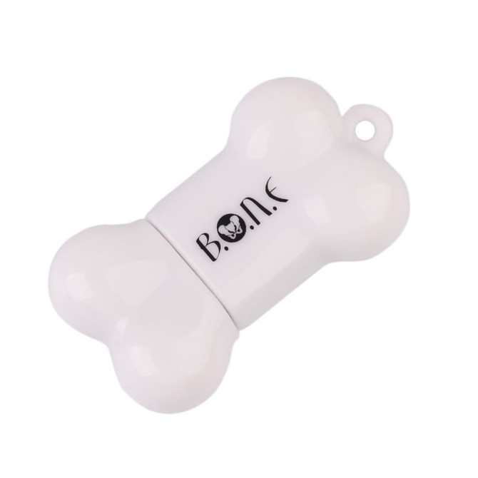 A white bone-shaped flash drive with a logo, featuring a hinged design for storage.