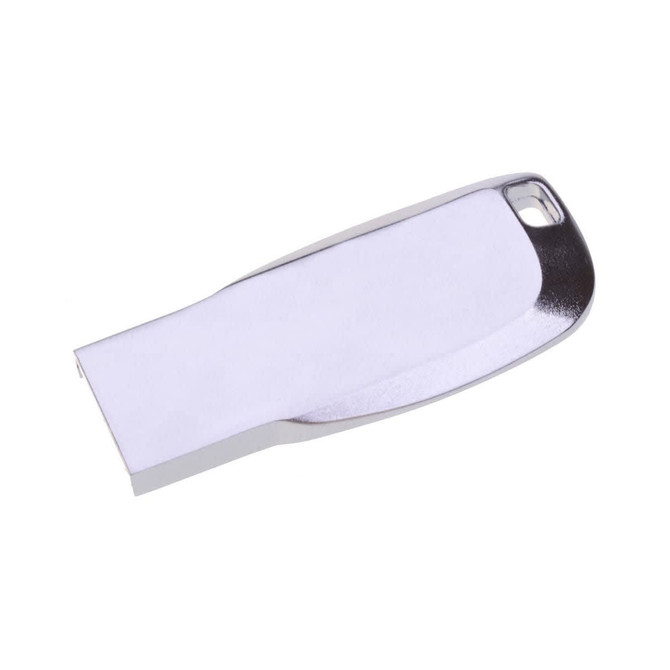 A silver mini key flash drive with a sleek design and rounded edges. It features a small hole for attachment.