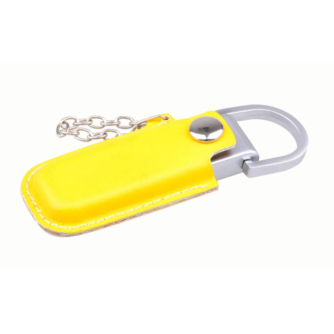 A yellow leather pouch flash drive with a silver metal attachment and chain. Features a snap closure.