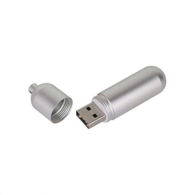 A silver metal tube flash drive with a removable cap, showcasing its USB connection.