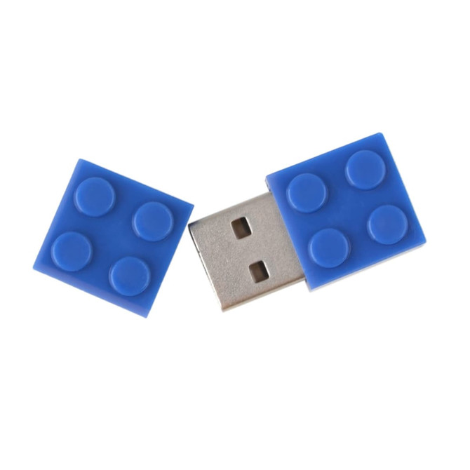 A blue brick-shaped flash drive with two connecting pieces and a metallic USB connector. It features a logo.