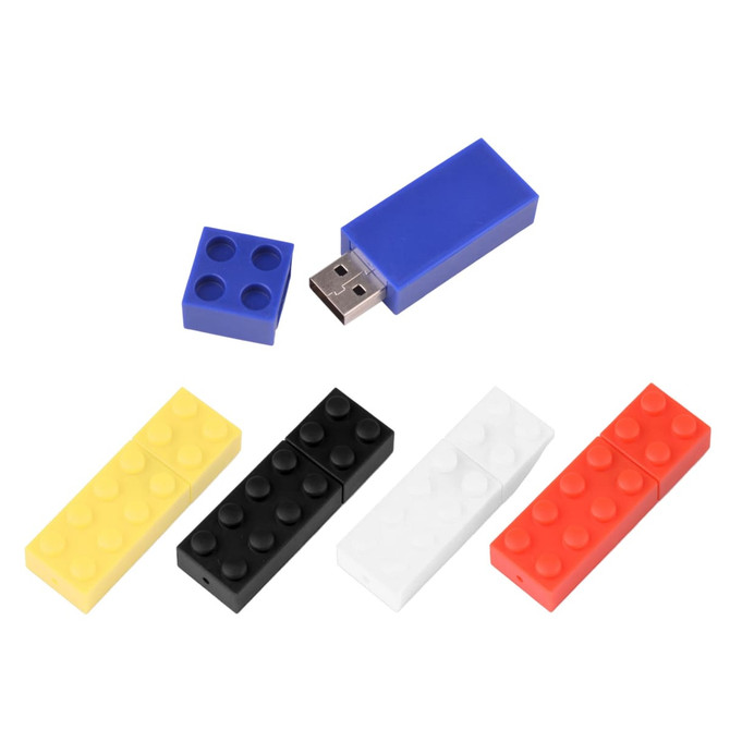 A stackable brick flash drive in blue, yellow, red, black, and white. The design resembles toy building bricks and includes a logo.