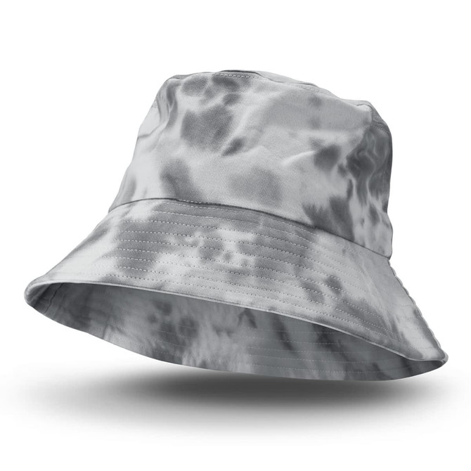 A grey tie-dye bucket hat with a wide brim, featuring a logo on the side.