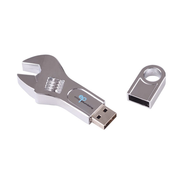 A shiny silver spanner-shaped flash drive with a removable cover. The product includes a small attachment ring.