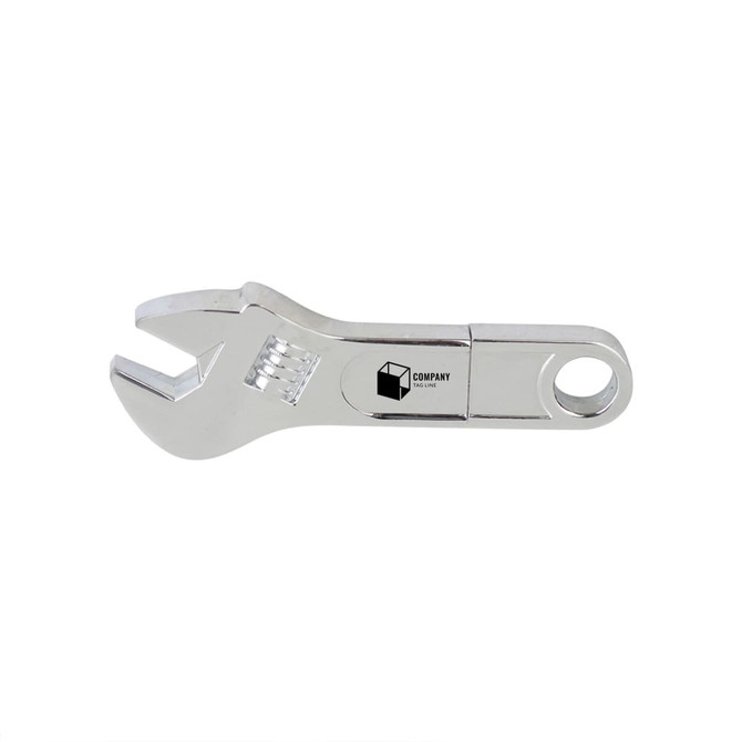 A metallic spanner-shaped flash drive with a logo displayed on its side.