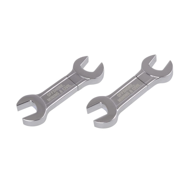 A dual spanner flash drive in silver, featuring two wrenches connected at the centre. It has branding on the surface.