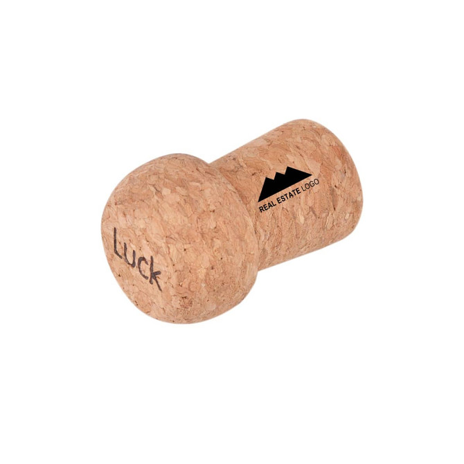 A champagne cork-shaped flash drive in natural cork colour with a logo and the word "Luck" engraved.