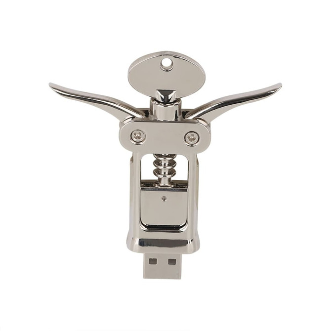 A corkscrew-shaped flash drive in shiny metallic silver, featuring a logo on the surface.