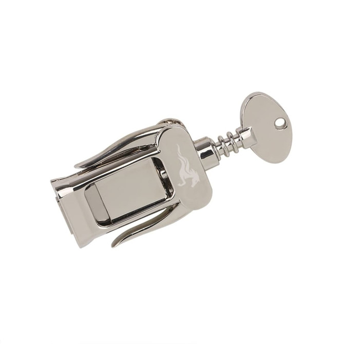 A corkscrew-shaped flash drive in silver with a sleek design and a key feature, including a logo.