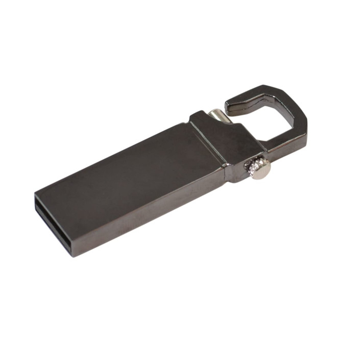 A metallic flash drive with a hook design and an attached silver button. It has a sleek, modern finish.