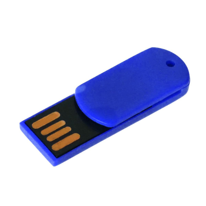 A blue paper clip-shaped flash drive with a sliding cover and a small logo.